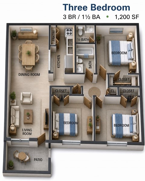 Floor plan for 3 beds, 1.5 baths, 1120 sqft